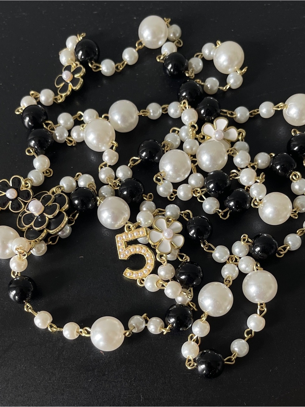 No. 5  White Pearl, Black & Gold Necklace with CAMELLIA Flower  Detail
